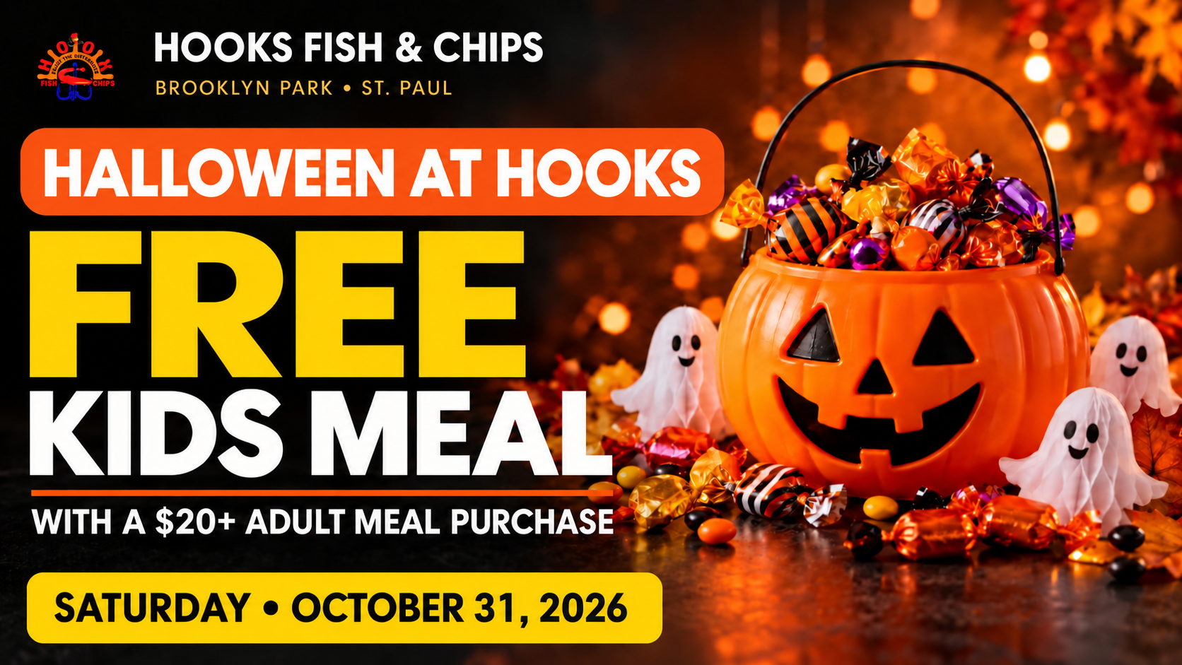 Halloween at Hooks: Kids in Costume Eat FREE! π β Hooks Fish & Chips